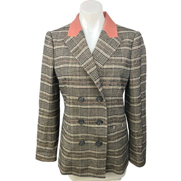 Rebecca Taylor Brown Wool Plaid Checkered Double Breasted Jacket Coat Blazer 8 - Picture 3 of 7
